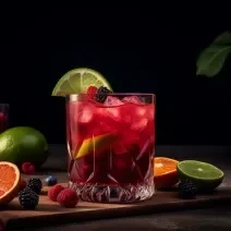 Foto da receita de Caipirinha de Frutas Vermelhas Sem Álcool. Observa-se um copo baixo e largo com a bebida dentro cheia de gelo. Frutas vermelhas e limões decoram a foto.