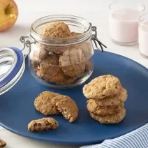 Foto da receita de biscoitos de maçã com iogurte nesfit servida em diversas porções, algumas dentro de um pote de vidro hermético e outras sobre um prato azul escuro com dois copos de iogurte nesfit ao fundo além de um vidro de mel