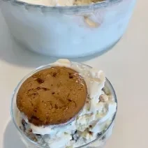 Fotografia de um recipiente transparente contendo um creme branco de textura semelhante à de sorvete, com pedaços de cookies.