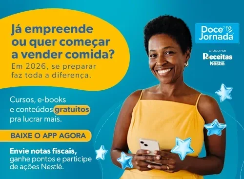 Doce Jornada - Baixe o App agora Anúncio Doce Jornada com mulher usando celular incentiva a empreender com comida e baixar app com cursos gratuitos.
