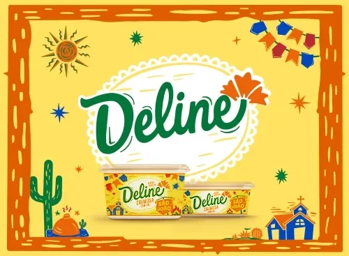 Deline Banner Deline em fundo amarelo com ilustrações juninas, produtos ao centro e texto “Quem ama prefere” e botão “Saiba mais”.