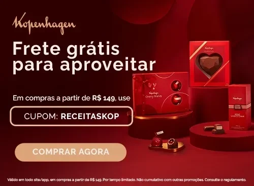 Banner da Kopenhagen em tons de vermelho, com frete grátis acima de R$ 149, cupom RECEITASKOP e chocolates em destaque.