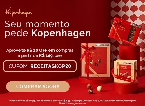 Banner Kopenhagen com chocolates, cupom RECEITASKOP20, R$20 off em compras acima de R$149 e botão Comprar Agora.