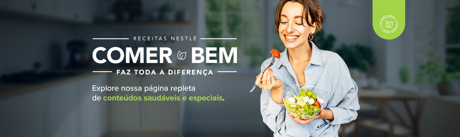 Imagem de uma mulher em uma cozinha comendo um prato de salada com o texto 'Comer bem faz toda a diferença'