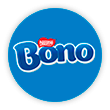 Um círculo azul em tom claro com o logotipo de Biscoito Bono Nestlé na cor azul escuro.