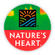 Um círculo verde e vermelho com o símbolo e o logotipo de Nature's Heart Nestlé na cor branca.