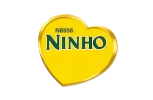 Gráfico de um coração amarelo com o logotipo de Leite Ninho Nestlé na cor verde escuro.