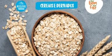 Benefícios das aveias: venha aprender um pouco mais sobre elas! Fotografia com alguns cereais e o logo de Receitas Nestlé e Que Bem Que Faz.