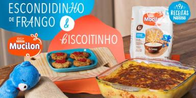 Escondidinho de Frango & Biscoitinho Fotografia de biscoito e escondidinho de frango e ao lado o nome da receita e logos de marca.