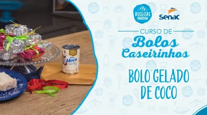 Montagem com a imagem da receita de bolo de coco à esquerda e à direita o título da aula.