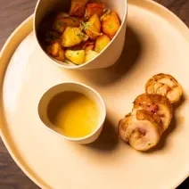 Foto da receita de BALOTINE DE FRANGO COM BATATAS LYONESE. Observa-se um prato visto de cima com o frango cortado em rodelas, servido com um molho ao lado e as batatas coradas.