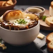 Fotografia de um recipiente branco fundo na cor branca com uma sopa de queijo fundido, com um pão por cima já assado. Ao redor, fatias de pães e pedaços de queijo decorando, sobre uma mesa preta.