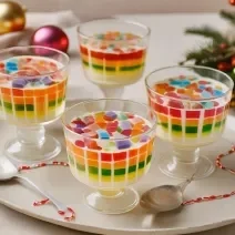 Receita de Gelatina Arco-Íris de Natal, tradicional e colorida, feita com gelatinas diferentes, Leite MOÇA e NESTLÉ Creme de Leite, servida em taças transparentes em uma mesa decorada para o natal