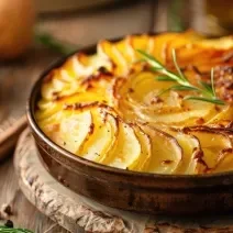 Fotografia de uma travessa redonda com batatas em fatias gratinadas no forno, sobre um apoio de madeira, também apoiado em uma mesa de madeira.