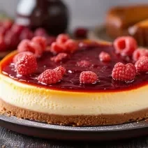 Fotografia em tons de vermelho com um prato preto recondo ao centro. Em cima do prato existe uma receita de cheesecake coberto com uma calda de frutas vermelhas e várias amoras.