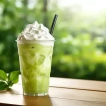 Fotografia de um copo de plástico médio com coquetel de melão, suco de laranja, hortelã e Leite MOÇA com chantilly por cima e um canudo preto. Ao lado do copo tem 3 folhas de hortelã, que está sobre uma mesa de madeira.