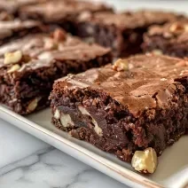 Fotografia de vários pedaços de brownie com castanha com avelã sobre um apoio retangular branco, o qual está apoiado em uma mesa branca de mármore.