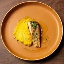 Foto da Receita de Robalo com Azeite de Ervas e Purê de Abóbora do Masterchef 11. Observa-se uma foto de cima do prato com o purê bem amarelo à esquerda, servido com o peixe finalizado com salsinha.