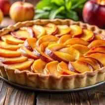 Fotografia de uma torta inteira de pêssego com fatias da fruta decorando todo o superior da sobremesa. A torta está sobre um apoio, o qual está sobre uma mesa de madeira, e ao redor tem várias maçãs e pêssegos inteiros.