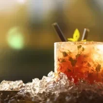 Fotografia contra a luz de um copo de vidro pequeno com uma limonada com morango, ameixa e romã. O copo está sobre pequenas pedras de gelo e tem dois canudos dentro do copo.