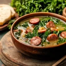 Fotografia de um recipiente fundo com caldo de aipim mais líquido com couve e calabresa. Ao lado tem uma colher de madeira, sobre uma tábua redonda de madeira.