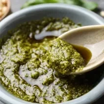 Foto aproximada da receita de molho pesto sem oleaginosas, servido em uma tigela redonda em que há uma colher pegando uma pequena quantidade dele