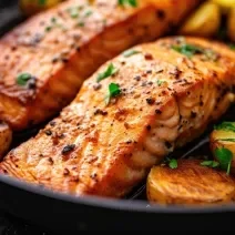 Fotografia de dois filés de salmão e algumas metades de batata bolinha assados na cestinha de um air fryer. Na cestinha tem a metade de um limão siciliano e folhas pequenas de salsinha.