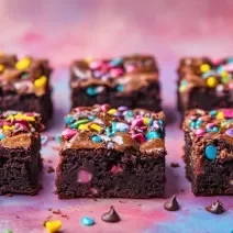 Fotografia de seis pedaços de brownie com confeitos coloridos sobre uma mesa colorida de tom rosa e roxo.