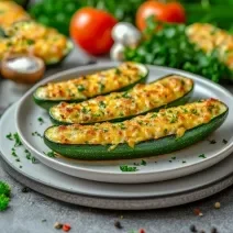 Fotografia de três abobrinha recheadas com ricota e queijo, com uma casquinha de queijo dourada por cima. As abobrinhas estão sobre um prato raso branco e salsinha salpicada. ao redor tem mais abobrinhas.