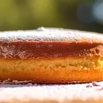 Fotografia de um bolo com massa fofinha de pão-de-ló mostrada de lado. O bolo está polvilhado com açúcar de confeiteiro.