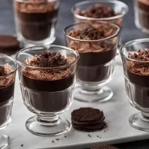 Fotografia mostra com taça de vidro com camadas de brigadeiro cremoso e biscoito, cobertas por chocolate derretido brilhante.