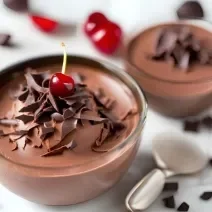 Fotografia de dois recipientes de vidro com mousse floresta negra, com raspas de chocolate e cereja por cima. Os recipientes estão sobre uma mesa branca, com raspas de chocolate espalhadas.