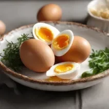 Fotografia em tons de cinza com um prato fundo ao centro. Dentro do prato existem 3 ovos, 2 com casca e um ovo descascado com a gema relativamente mole. Ao fundo existe mais alguns ovos de casca marrom