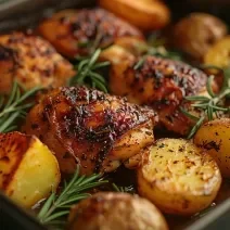 Fotografia de quatro sobrecoxas de frango assadas com batatas bolinha, também assadas. Por cima tem alguns ramos de tomilho.