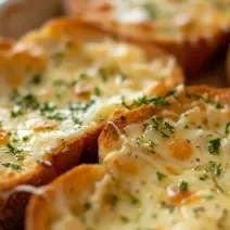 Fotografia de quatro fatias de torrada com queijo gratinada e salsinha, estão dentro de um refratário branco raso.