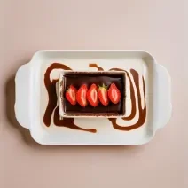 Fotografia vista de cima de uma sobremesa de 4 leites com chocolate e morango dentro de uma travessa retangular branca.