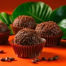 Fotografia de cinco brigadeiros passados no granulado, dentro de uma forminha vermelha, sobre uma mesa laranja com grão de café. No fundo tem algumas folhas.