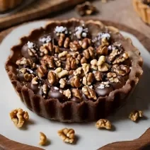 Fotografia em tons de maeeom com uma torta Chocolate com Nozes e Caramelo Salgado ao centro. A base da torta é feita com biscoito de chocolate, recheada com um creme de chocolate e caramelo salgado e, por cima, pedaços de nozes.