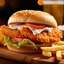 Foto da receita de Hambúrguer de Siri. Observa-se um hambúrguer grande com os ingredientes descritos e ao lado, uma porção de batata-frita.