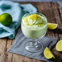 Foto da receita de Mousse de Limão feito com NUTREN Control. Observa-se a mousse em uma tacinha de vidro com raspas de limão decoradas em cima. Foto gerada por IA.