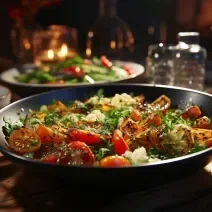 Fotografai de uma frigideira funda preta com Cenoura, batata, abobrinha, vagem e tomate refogados com MAGGI Caldo Legumes, ao fundo tem mais recipientes com mais legumes, e todos estão sobre uma mesa de madeira.