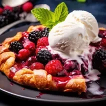 Fotografia de um crepe com sorvete de creme, geleia e frutas vermelhas.