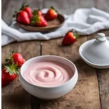 Foto de um pote branco redondo com creme rosa dentro, sobra uma bancada de madeira com diversos morangos espalhados, um tecido branco ao fundo e mais uma tábua de madeira