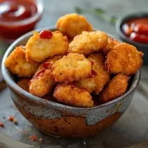 Fotografia em tons de cinza com um pote de cerâmica ao centro. Em cima do pote existe vários pedacinhos de frango frito temperado de cor dourada