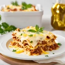 Foto da receita de lasanha de fraldinha desfiada servida sobre um prato de louça branca com decorações douradas e folhas verdes ao fundo