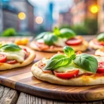 Fotografia de cinco unidades de mini pizza sobre uma tábua de madeira. As pizzas são de pão sírio aberto recheado com tomate cereja, presunto, rúcula e Requeijão NESTLÉ