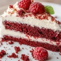 Fotografia de uma fatia de bolo red velvet sobre um prato branco raso de vidro com folhas de hortelã, farelo de bolo e algumas frutas framboesas.