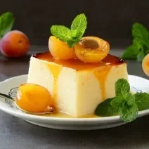 Fotografia de um flan quadrado de pêssego com Leite MOÇA, NESTLÉ Creme de Leite e calda de hortelã sobre um miniprato de vidro. Ao fundo de alguns pêssegos e folhas de hortelã.