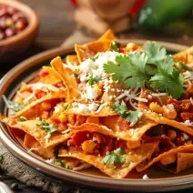 Fotografia em tons de marrom e laranja com um prato fundo ao centro. Em cima do prato existe uma receita mexicana de nachos com carne, queijo e milho.