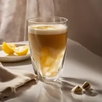 Fotografia em tons de branco e caramelo com um copo de vidro ao centro. Dentro do copo existe uma receita de chá mate com leite Ninho Adulto